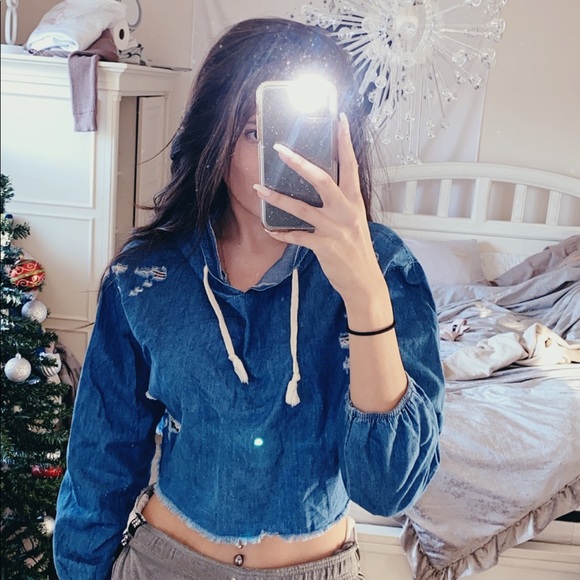FASHION NOVA CROP DENIM HOODIE - Picture 1 of 4